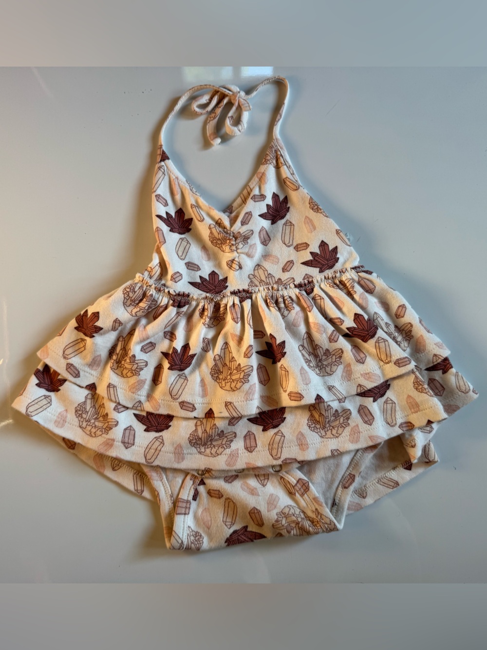 Kate Quinn Crystal Print Halter Romper in Cream and Brown